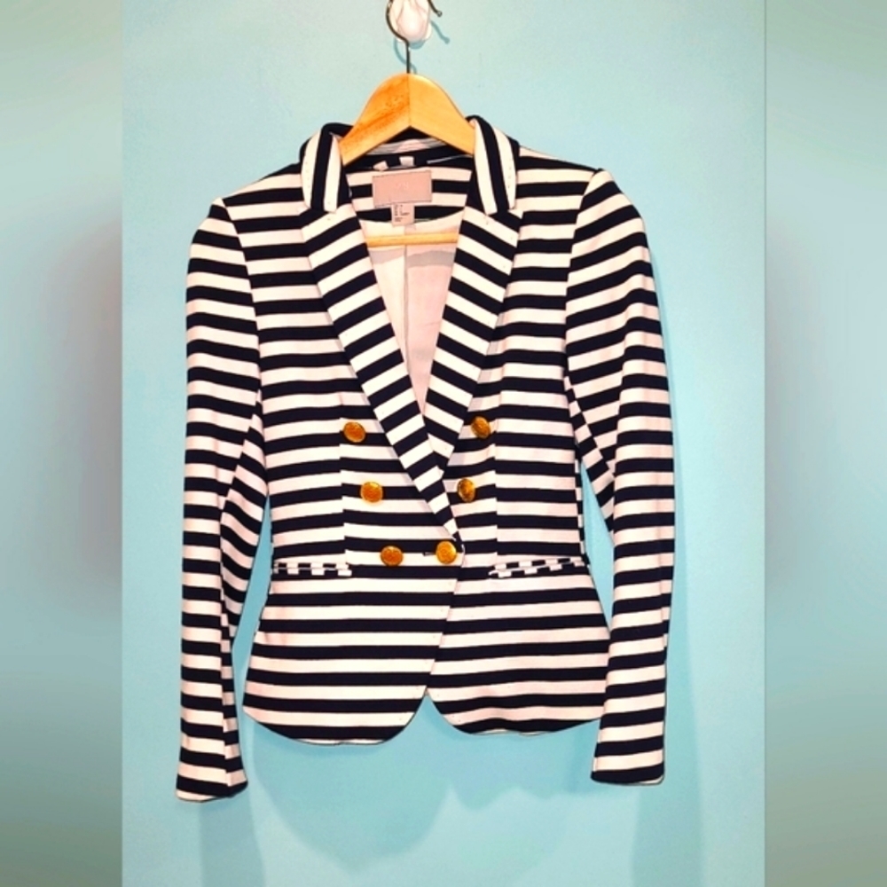 H&M Nautical Striped Peplum blazer with gold buttons US 4